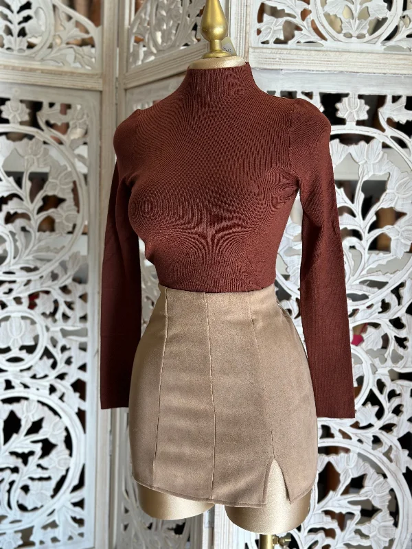 Women's Fitted Knit Mini Dress-Tan Slit Suede Mini Skirt