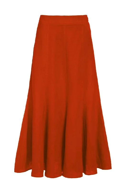 Women's Side Split Midi Dress-Tate Midi Skirt in Red Clay Aloe Linen