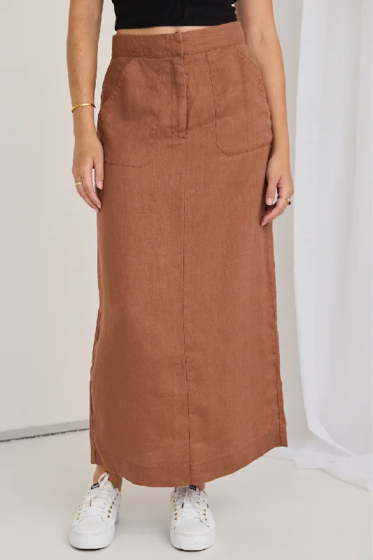 Women's Lace Sleeve Midi Dress-Tempt Mocha Linen Utilitarian Midi Skirt