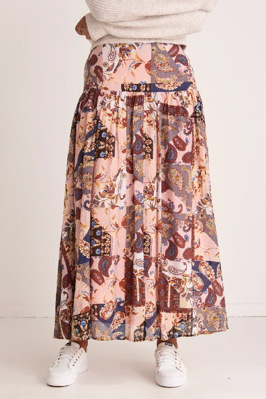 Women's Wraparound Maxi Dress-Tender Patchwork Paisley Tiered Maxi Skirt