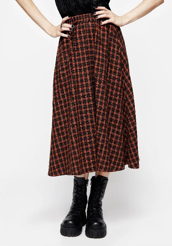 Women's Floral Bohemian Midi Dress-Terra Check Midi Skirt - Orange