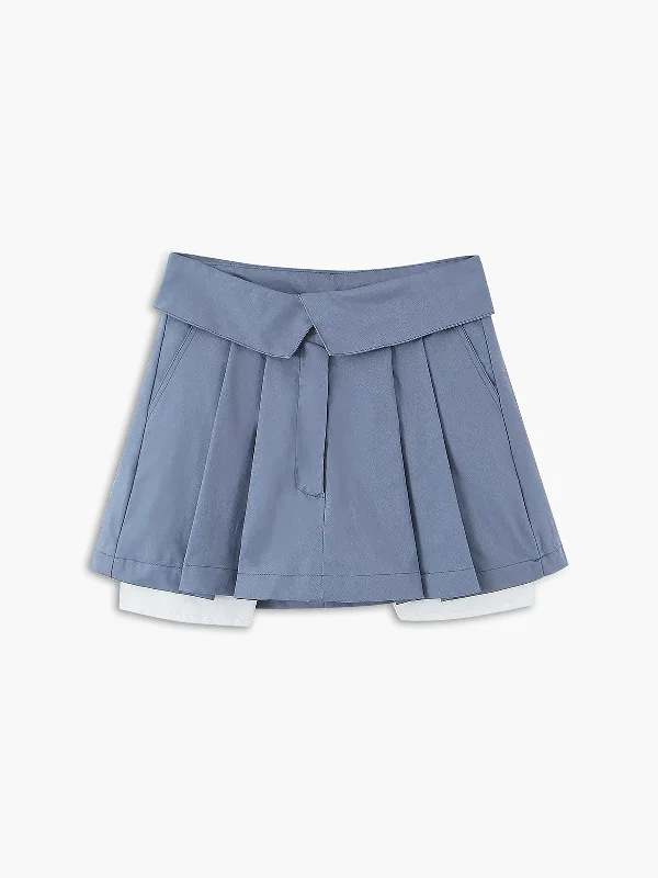 Women's Tie Waist Mini Dress-BerryBetty - Turn Down Waist Layer Pleat Mini Skirt