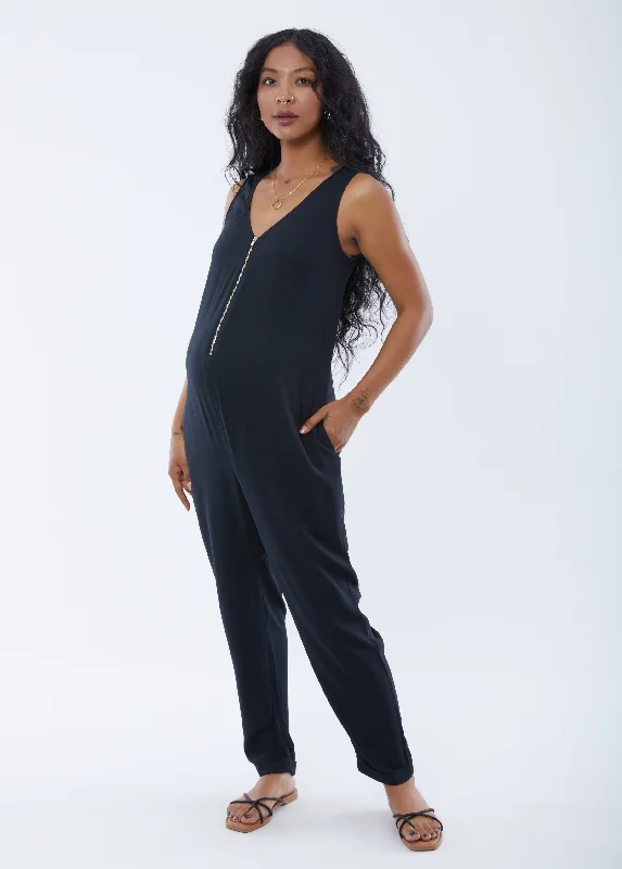 Maternity Dresses for Dinner Dates -Sleeveless Zip Front Maternity Jumpsuit