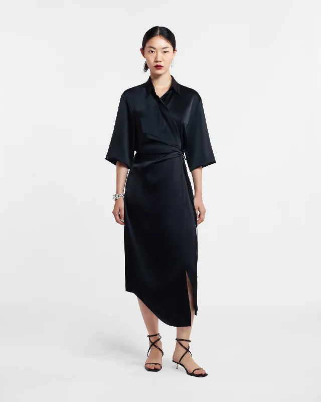 Women's Stylish Plaid Shirt Dress-Lais - Draped Front Shirt Dress - Black