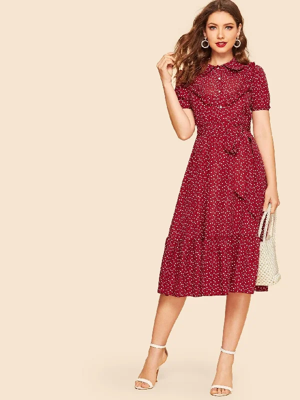 Silk Button-up Shirt Dress-40s Confetti Heart Ruffle Hem Belted Shirt Dress