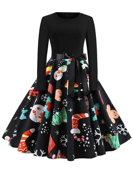 Cotton Flare Dress -50s Christmas Print Self Tie Flare Dress