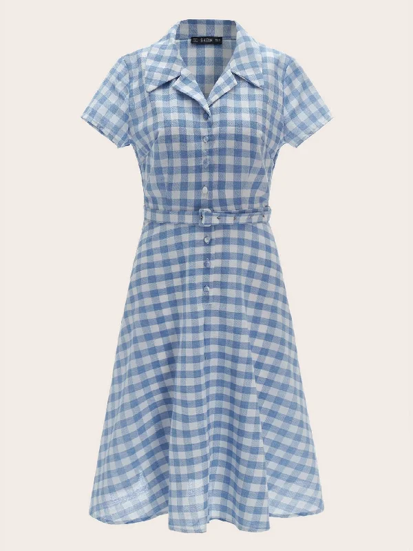 Double-breasted Shirt Dress-50s Covered Button Buckle Belt Gingham Shirt Dress