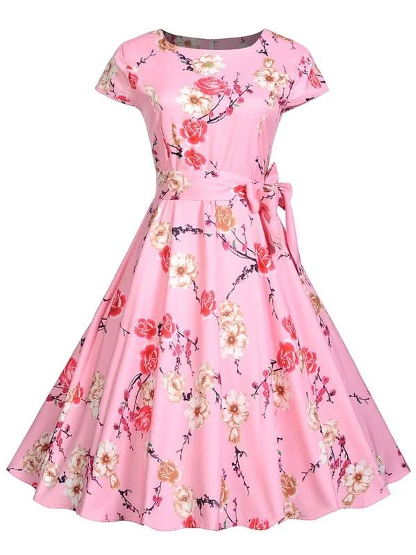 Long Sleeve Flare Dress -50s Floral Print Belted Flare Dress