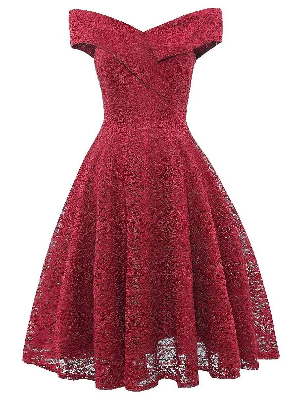Party Flare Dress -50s Foldover Bardot Flare Lace Dress