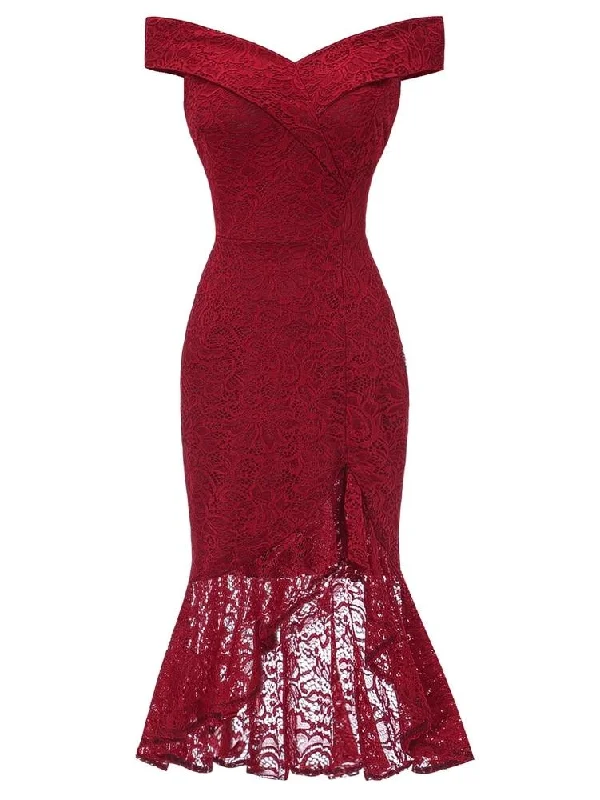 Full-Length Party Dress for Extravagant Look -50s Off Shoulder Lace Overlap Mermaid Dress