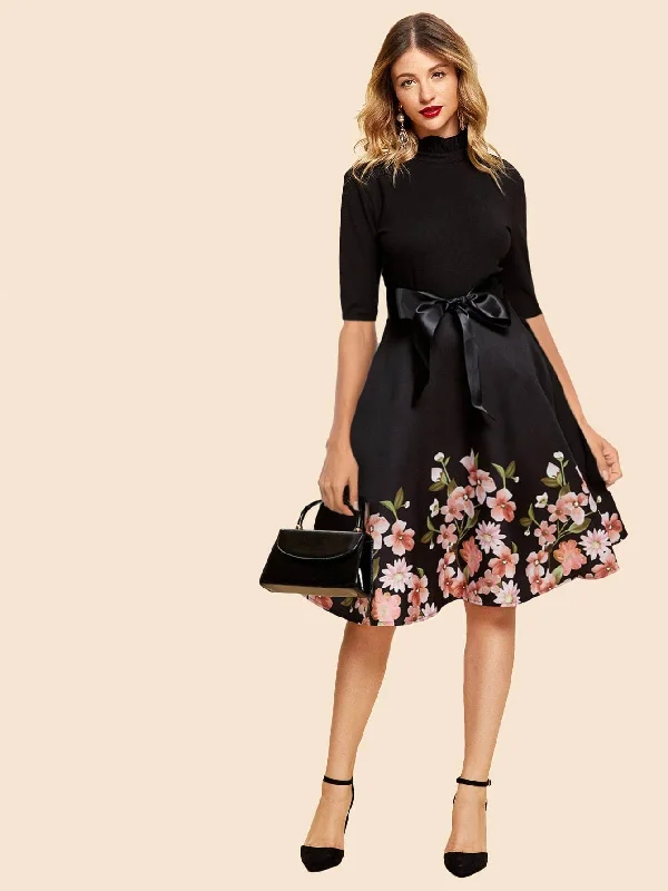 Flare Dress for Women -50s Ribbon Tie Floral Print Flare Dress