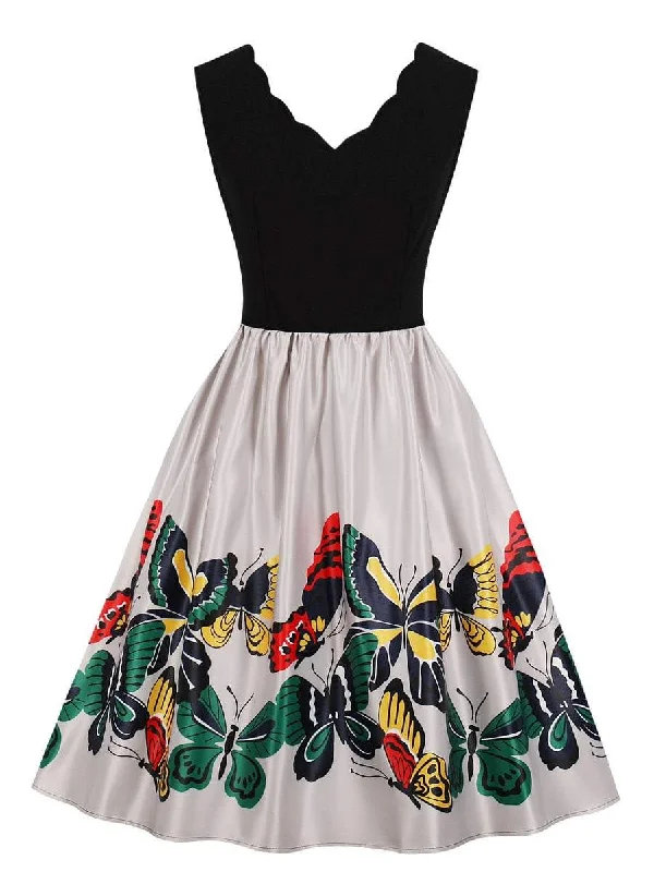 A-line Flare Dress -50s Scalloped Neck Butterfly Print Flare Dress