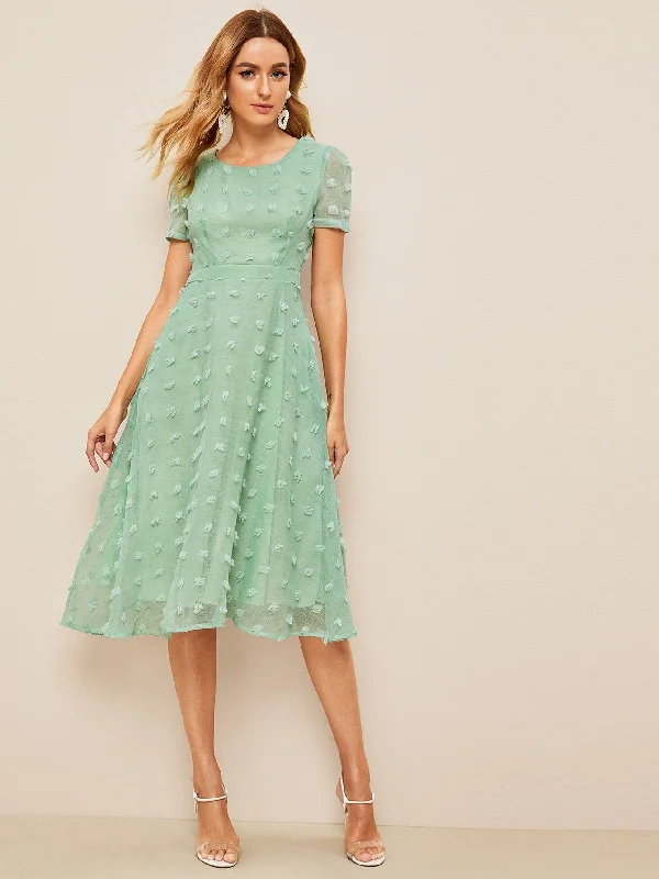 Casual Flare Dress for Women -50s Swiss Dot Zip Back Fit & Flare Dress