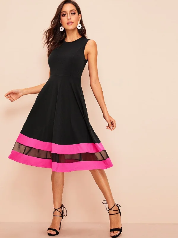 Blue Flare Dress -60s Mesh Insert Striped Detail Fit & Flare Dress