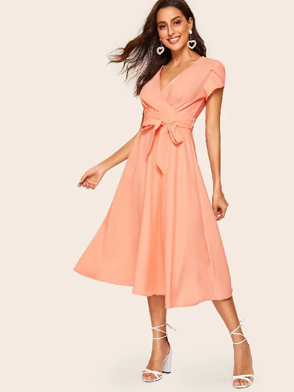 Flared Hem Dress - 60s Petal Sleeve Belted Fit & Flare Dress