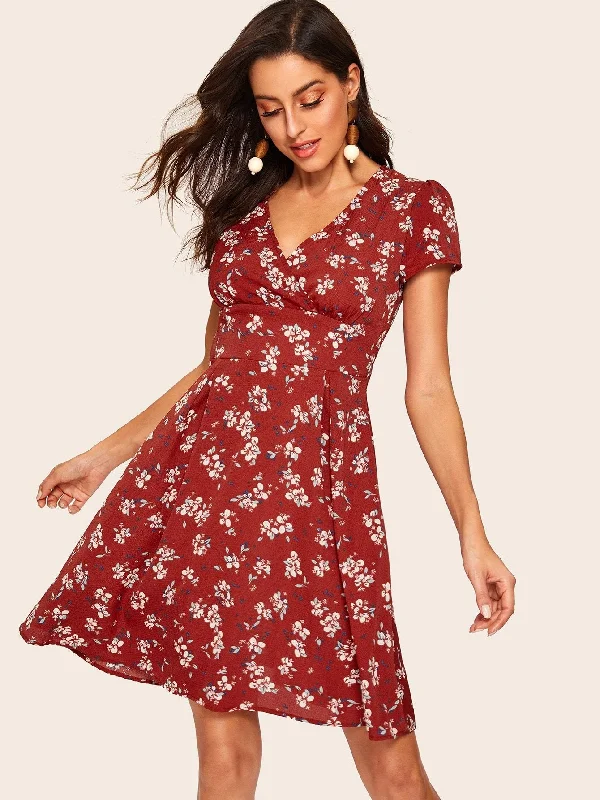 Women's Long Flare Dress -60s V Neck Ditsy Floral Fit & Flare Dress