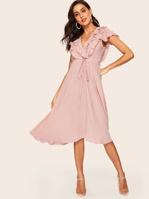 Women's High Waist Flare Dress -70s Ruffle Trim Belted Fit & Flare Dress