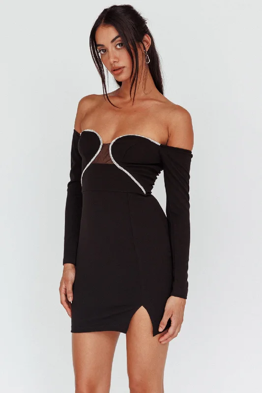 Women's Sheer Panel Mini Dress-A-List Diamante Trim Long Sleeve Mini Dress Black