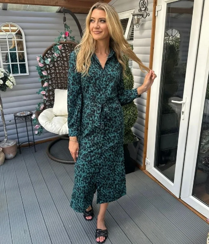 Navy Blue Shirt Dress-Teal & Black Print Shirt Dress