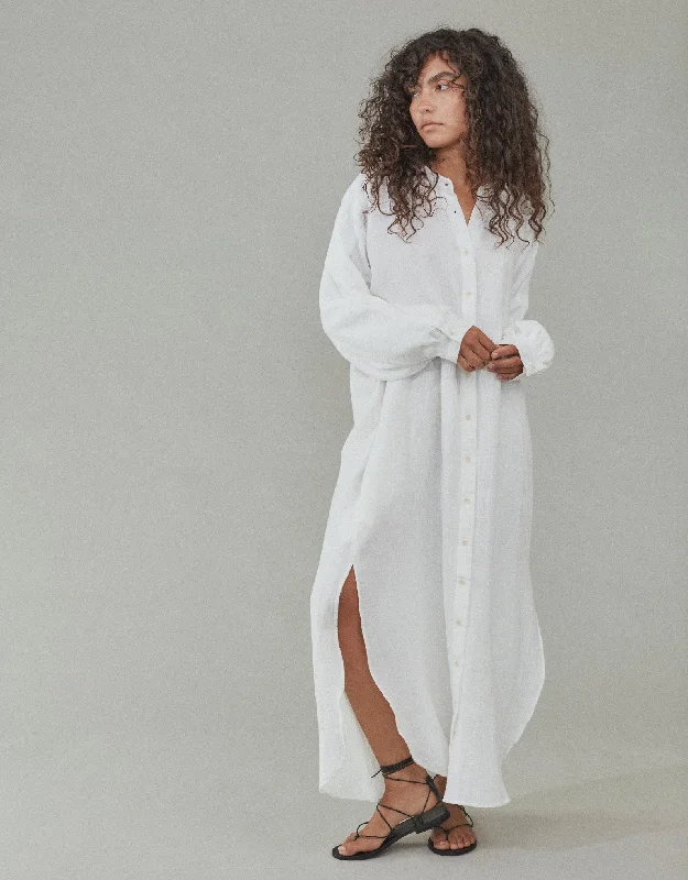 Wool Shirt Dress-Lena Organic Cotton Gauze Maxi Shirt Dress Soft White