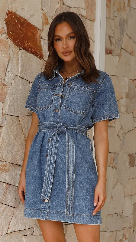 Women's Color-blocked Mini Dress-Achaia Denim Button Up Mini Dress - Dark Blue