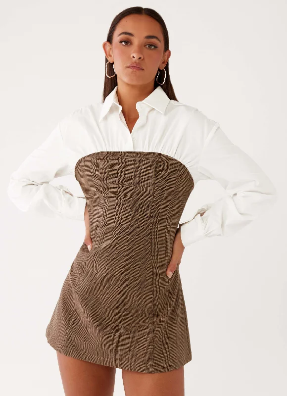 Women's Tiered Mini Dress-Adelaide Shirt Mini Dress - Brown