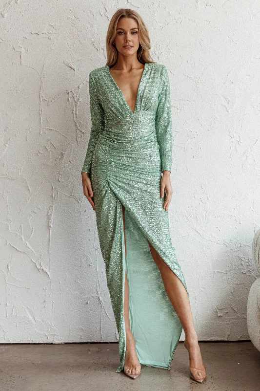 Women's Short Sleeve Maxi Dress-Adele Long Sleeve Sequin Maxi Dress Mint