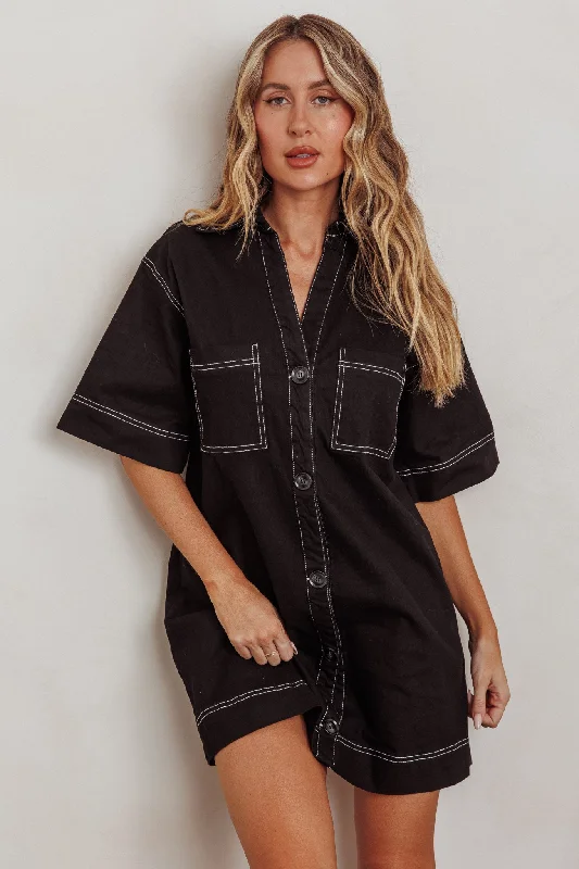Women's Floral Print Sleeveless Mini Dress-Admiration Contrast Stitching Boxy Mini Dress Black Women's Floral Print Sleeveless Mini Dress-Admiration Contrast Stitching Boxy Mini Dress Black
