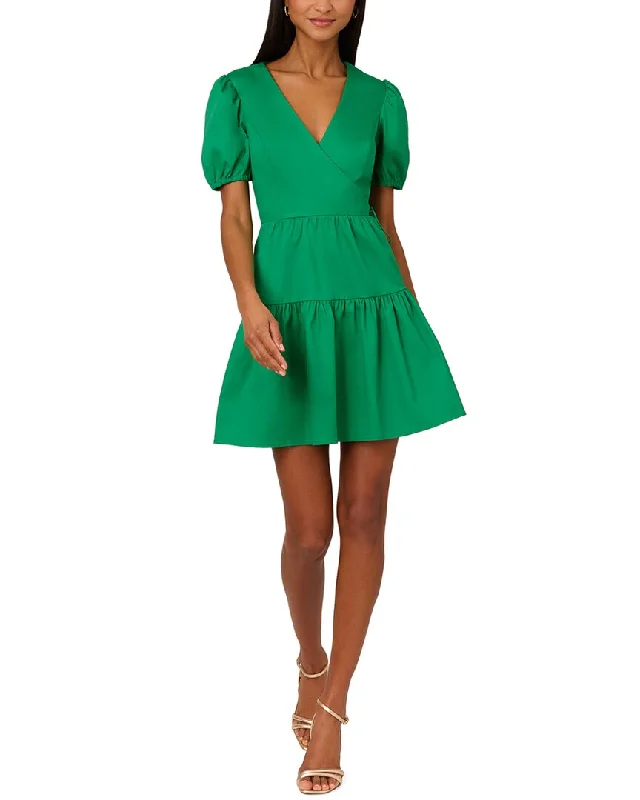 Casual Loose Shirt Dress-Adrianna Papell V-Neck Puff Sleeves Stretch Short Dress