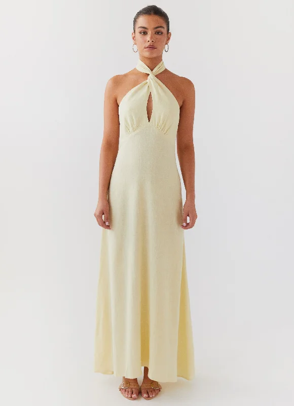 Women's Crochet Lace Maxi Dress-Adrienne Linen Maxi Dress - Lemon