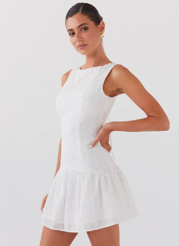 Women's Pleated Mini Dress with Bow-Adyson Broderie Mini Dress - White