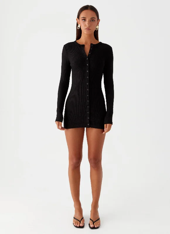 Women's Stretch Bodycon Mini Dress-Ailee Long Sleeve Mini Dress - Black