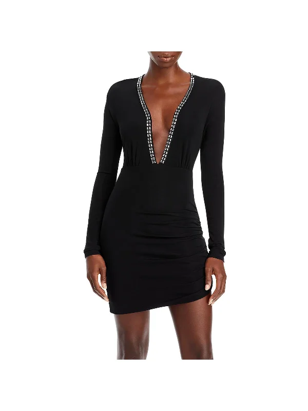 Chic Wrap Party Dress for Stylish Look -Alexi Womens Deep V-Neck Embellished Cocktail and Party Dress
