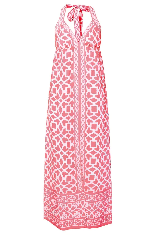 Women's Floral Embroidered Maxi Dress-ALICE & TRIXIE PETRA Neon Pink Halterneck Maxi Silk Dress