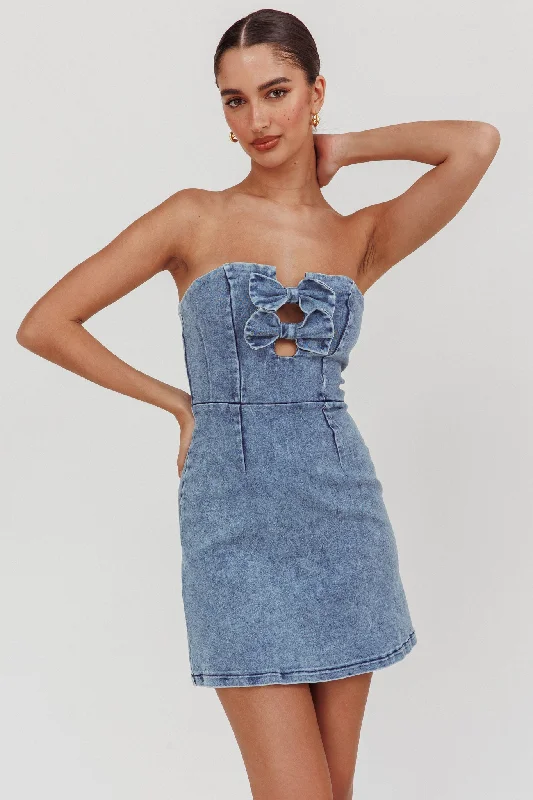 Women's Faux Leather Mini Dress-All For You Strapless Mini Dress Blue Denim