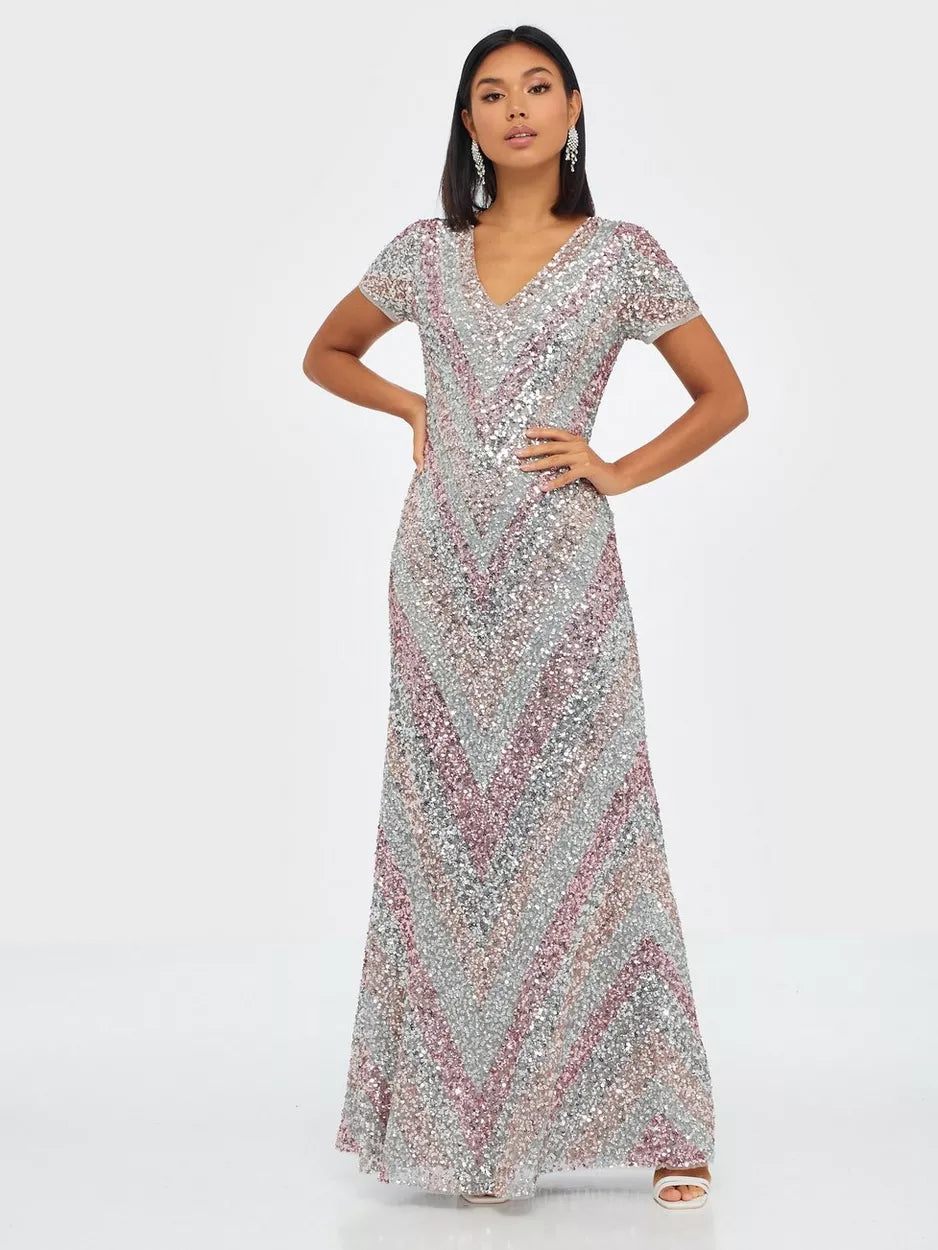 Women's Open-back Ruffle Maxi Dress-All Over Embellished Chevron Maxi Dress