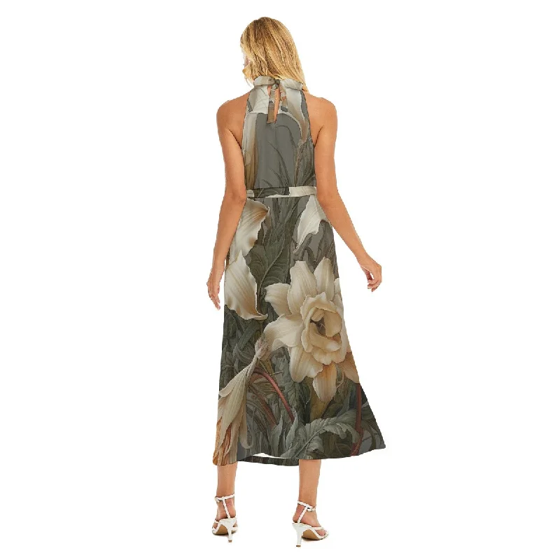 Elegant Wrap Dress for Winter Events -Satin Wrap Dress -All-Over Print Women's Wrap Hem Belted Halter Dress Elegant Wrap Dress for Winter Events -Satin Wrap Dress -All-Over Print Women's Wrap Hem Belted Halter Dress