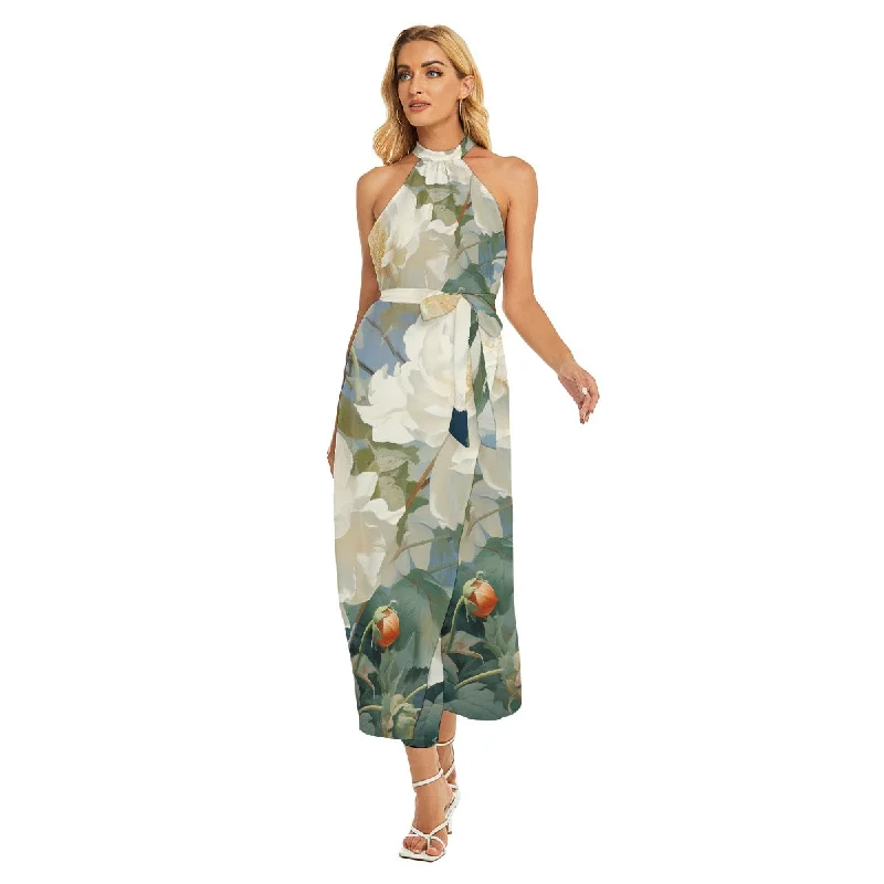 Casual Wrap Dress with Pattern -Wrap Dress for Formal Event -All-Over Print Women's Wrap Hem Belted Halter Dress Casual Wrap Dress with Pattern -Wrap Dress for Formal Event -All-Over Print Women's Wrap Hem Belted Halter Dress