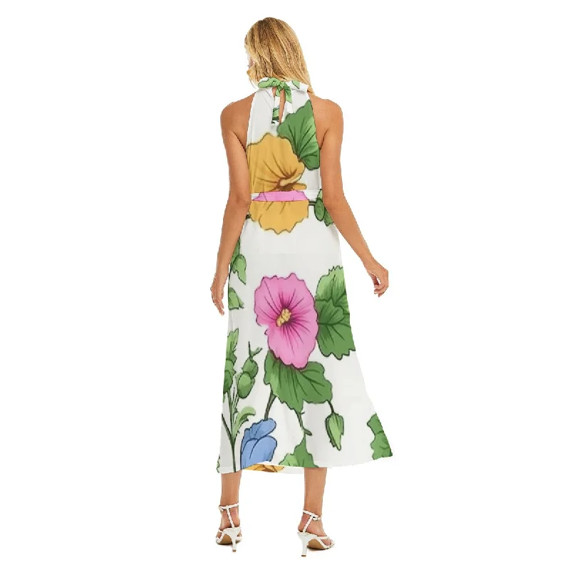 Long Satin Wrap Dress for Evening -Wrap Dress for Evening -All-Over Print Women's Wrap Hem Belted Halter Dress Long Satin Wrap Dress for Evening -Wrap Dress for Evening -All-Over Print Women's Wrap Hem Belted Halter Dress