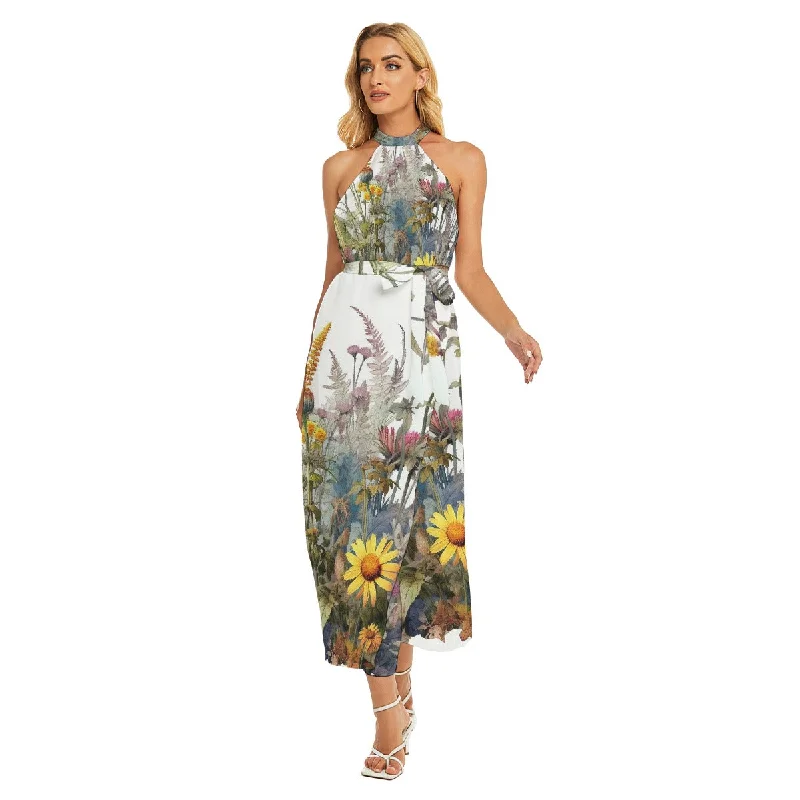 Wrap Dress for Holiday Event -Women's Wrap Dress with Sleeves -All-Over Print Women's Wrap Hem Belted Halter Dress Wrap Dress for Holiday Event -Women's Wrap Dress with Sleeves -All-Over Print Women's Wrap Hem Belted Halter Dress