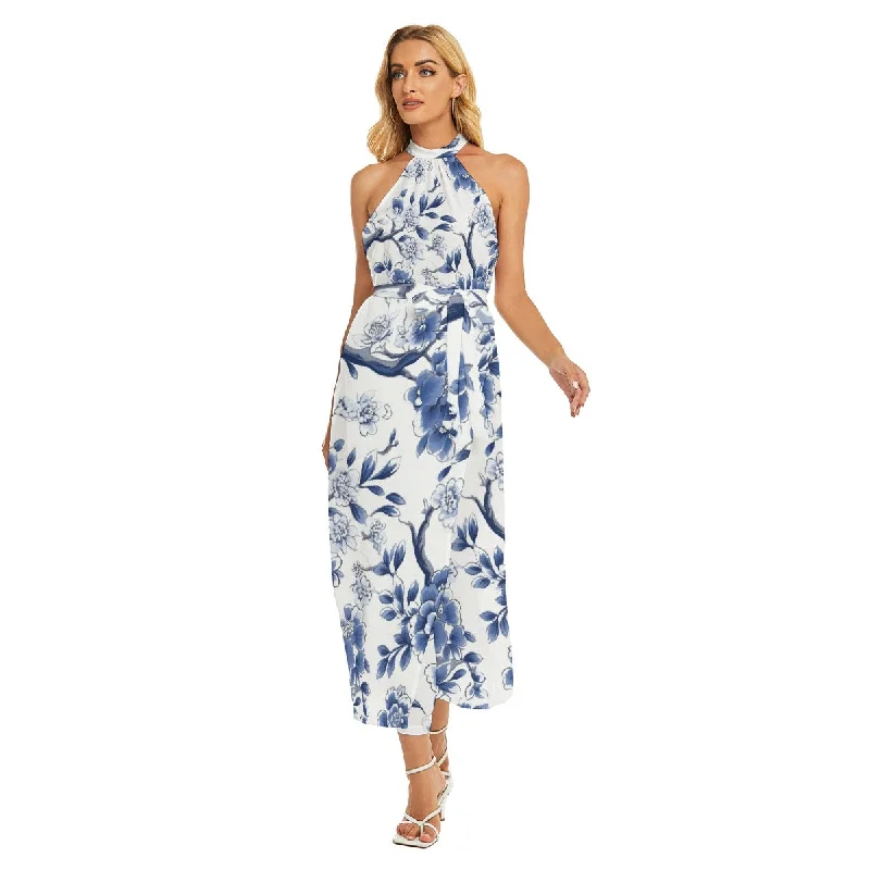 Bohemian Floral Wrap Dress -Casual Wrap Dress -All-Over Print Women's Wrap Hem Belted Halter Dress Bohemian Floral Wrap Dress -Casual Wrap Dress -All-Over Print Women's Wrap Hem Belted Halter Dress