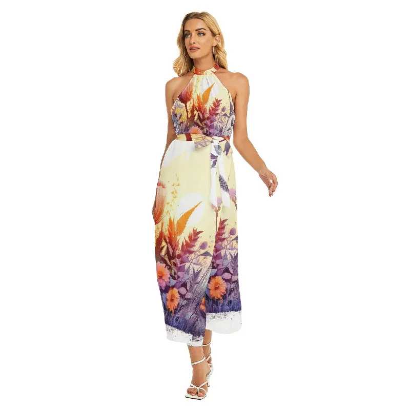 Elegant Wrap Dress for Winter -Plus Size Floral Wrap Dress -All-Over Print Women's Wrap Hem Belted Halter Dress Elegant Wrap Dress for Winter -Plus Size Floral Wrap Dress -All-Over Print Women's Wrap Hem Belted Halter Dress