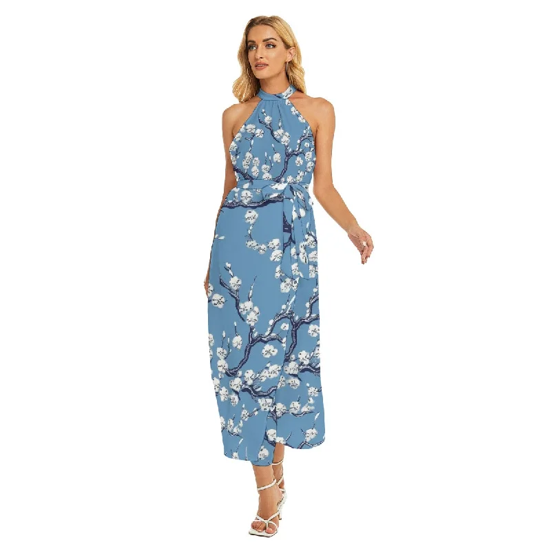 Wrap Dress with Soft Waist Tie -Black Satin Wrap Dress -All-Over Print Women's Wrap Hem Belted Halter Dress Wrap Dress with Soft Waist Tie -Black Satin Wrap Dress -All-Over Print Women's Wrap Hem Belted Halter Dress
