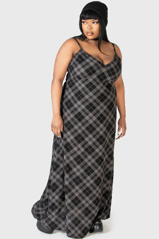 Satin Slip Dress with Lace Back -Silk Slip Dress with Deep V-neck -Alwina Maxi Slip Dress [PLUS]