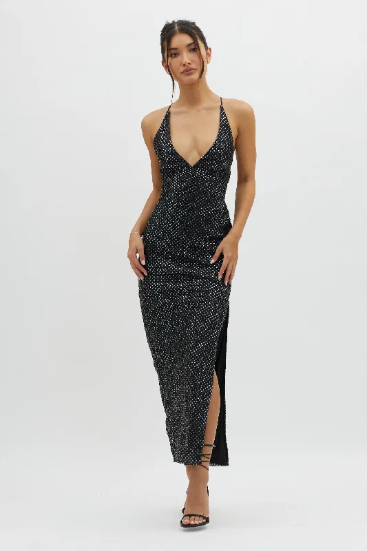 Women's Pleated Floral Maxi Dress-Alysia Plunging Halterneck Maxi Dress Black