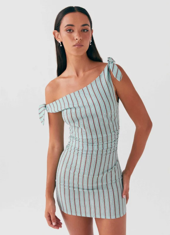 Women's Blue Mini Dress-Amazonia Linen Mini Dress - Coastal Stripe