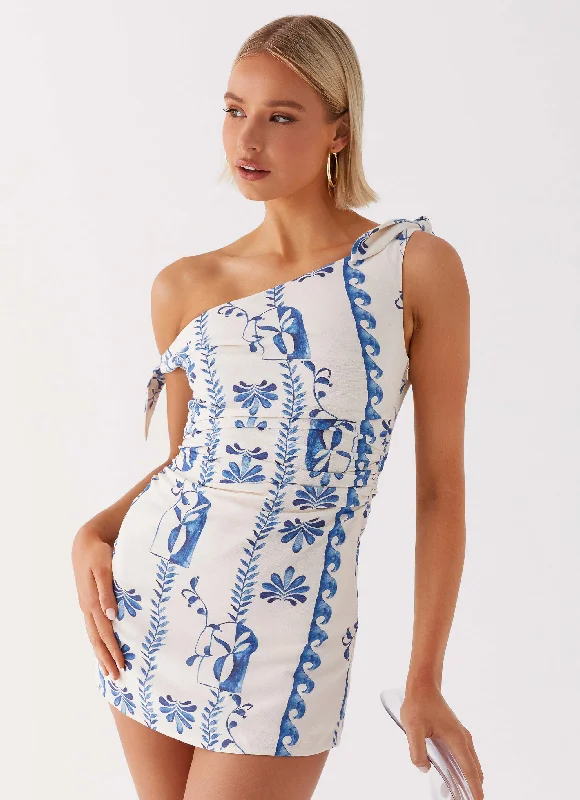 Women's Off-the-shoulder Bodycon Mini Dress-Amazonia Linen Mini Dress - Floral Wave