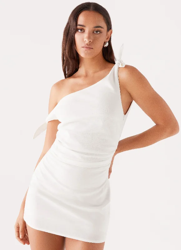 Women's Off-shoulder Knit Mini Dress-Amazonia Linen Mini Dress - White