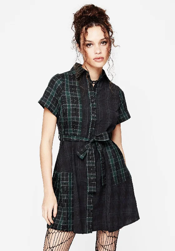 Relaxed Long Sleeve Shirt Dress-Analogue Check Cotton Mini Shirt Dress
