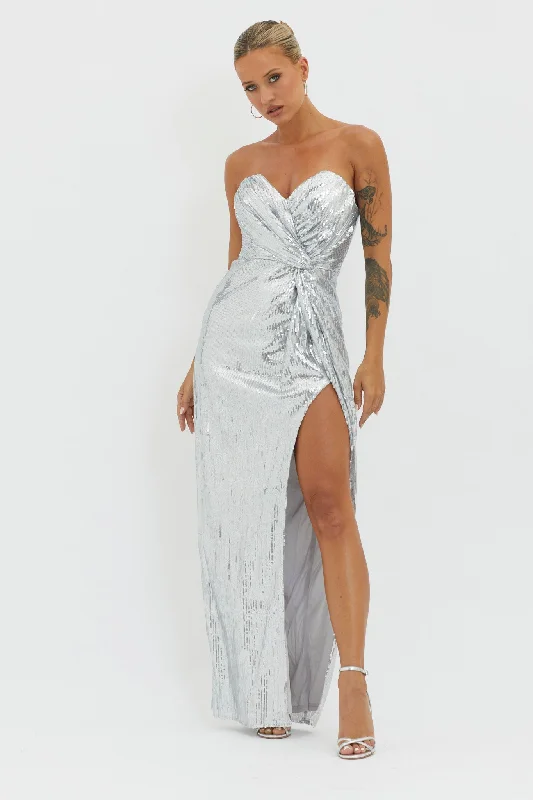 Women's Silk Floral Maxi Dress-Angel Energy Strapless Sequin Maxi Dress Silver